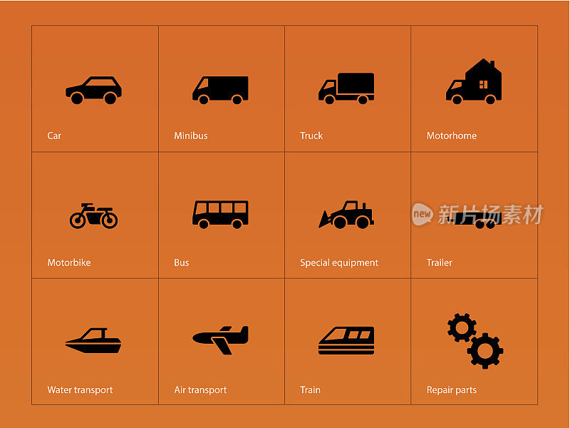 Cars and Transport icons on orange background.
